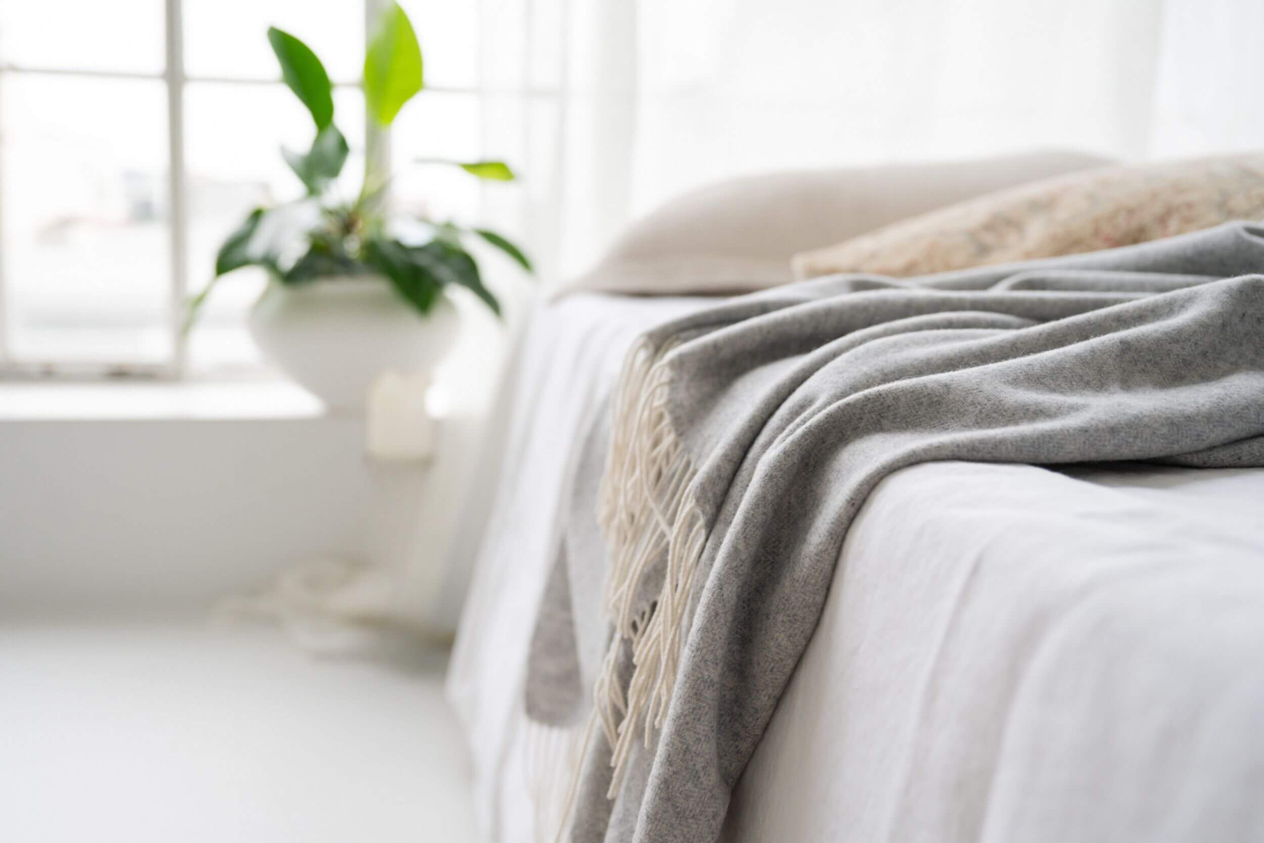 Cashmere Blanket on a bed in a light filled bedroom